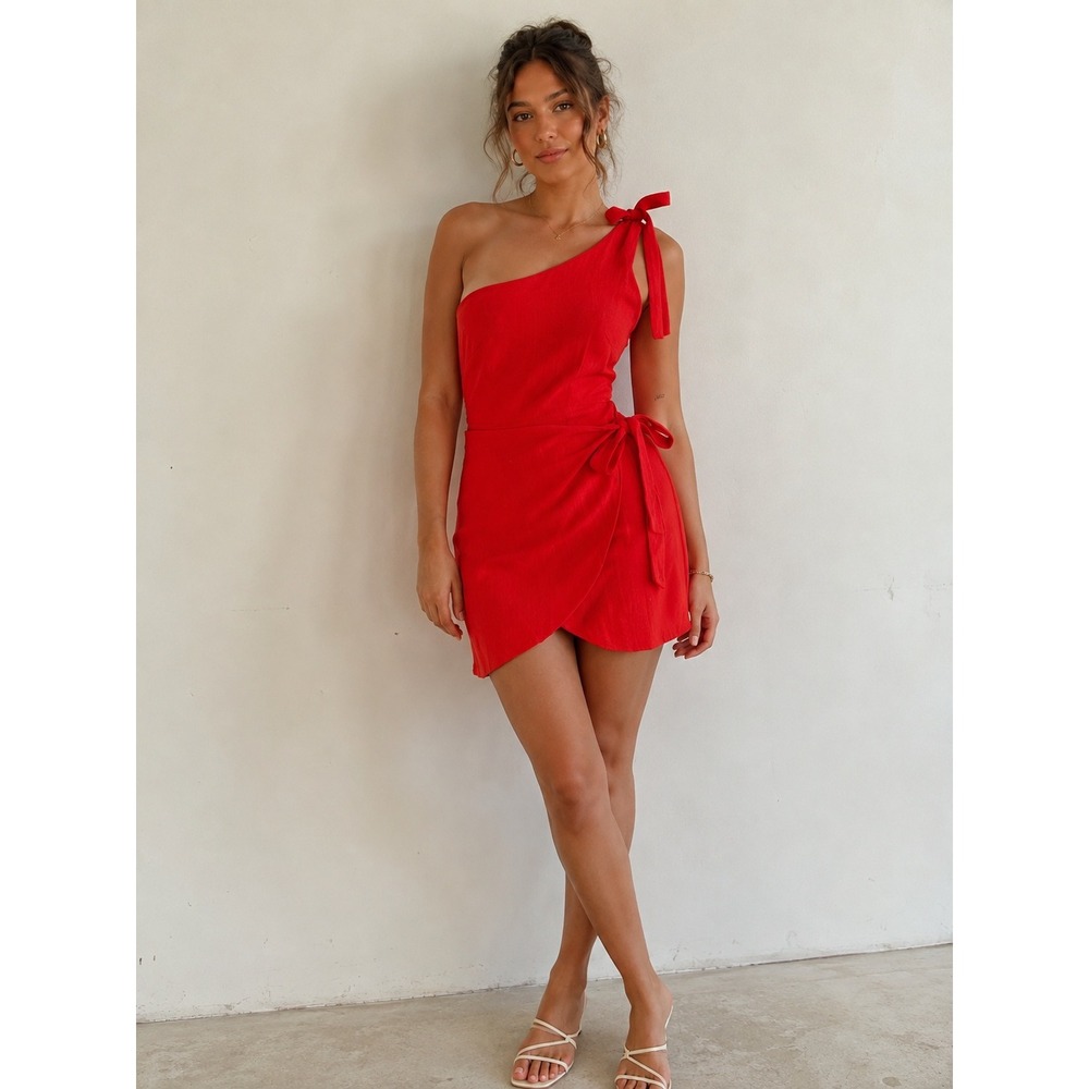 White Fox Red One Shoulder Linen Blend Wrap Mini Dress XS Resort Vacation Chic